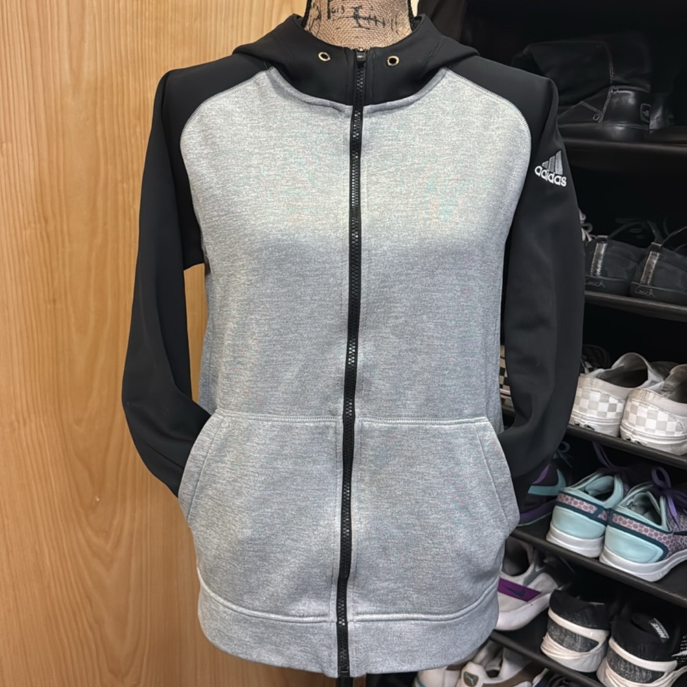 EUC Vintage Adidas black and grey full zip hoodie. Youth Boys size Small.